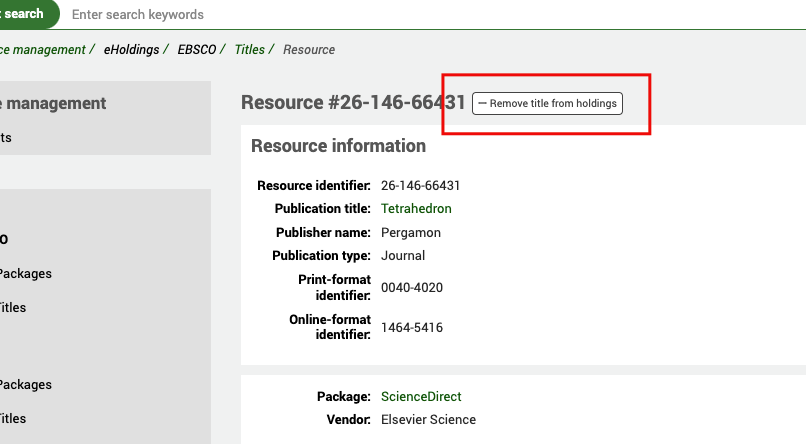 Ansicht der Ressourceninformationen, mit Fokus auf der Schaltfläche „Titel aus dem Bestand entfernen“