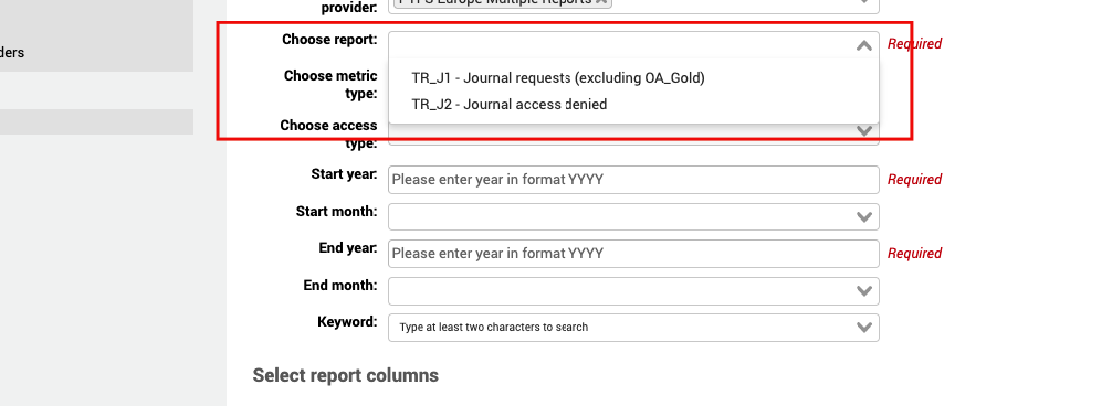 Im Formular „Bericht erstellen“ enthält das Feld „Bericht auswählen“ ein Dropdown-Menü mit den Optionen: „TR_J1 – Journal requests (außer OA_Gold)“ und „TR_J2 – Journal access denied“