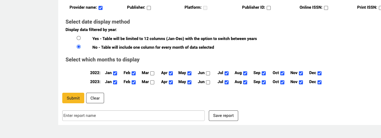 Im Formular „Bericht erstellen“ liegt der Fokus auf der Methode zur Datumsanzeige. Die Option „Nein - Tabelle enthält eine Spalte für jeden Monat der ausgewählten Daten“ ist angekreuzt. Darunter erscheint ein Abschnitt mit der Bezeichnung „Auswahl der anzuzeigenden Monate“, in dem einige Monate angekreuzt sind.