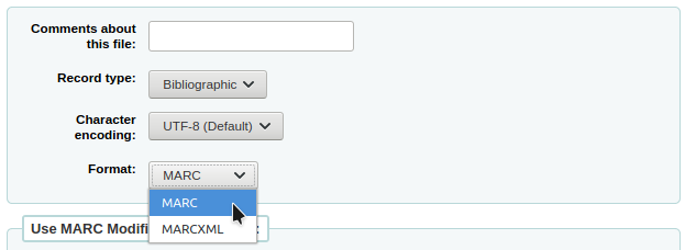 Dropdown list of available formats: MARC or MARCXML