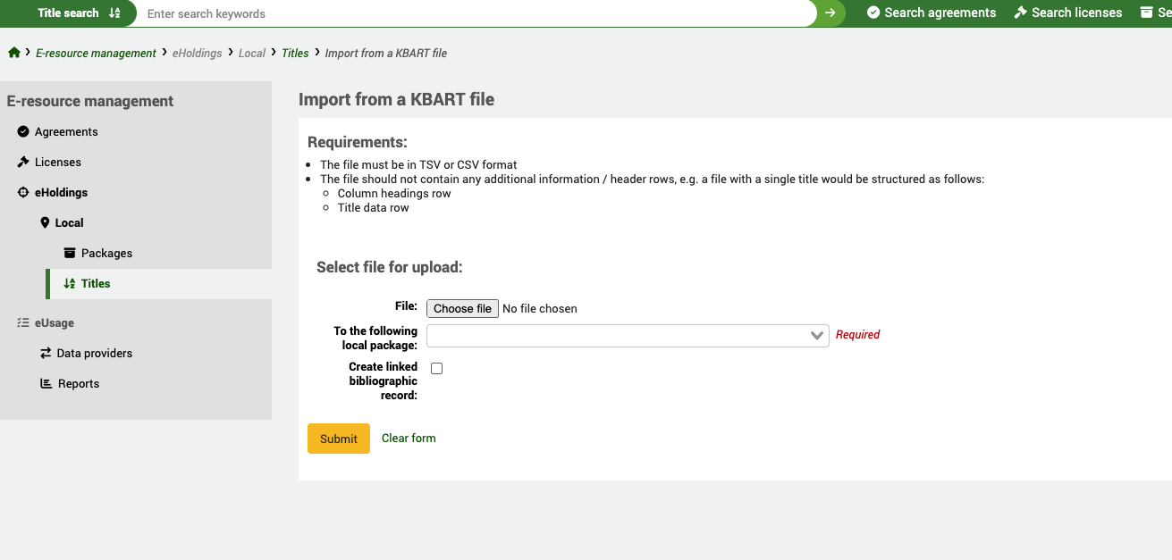 Im Abschnitt eHoldings Lokale Titel wird die Seite zur Auswahl einer KBART-Datei und zum Hinzufügen zu einem Paket angezeigt.