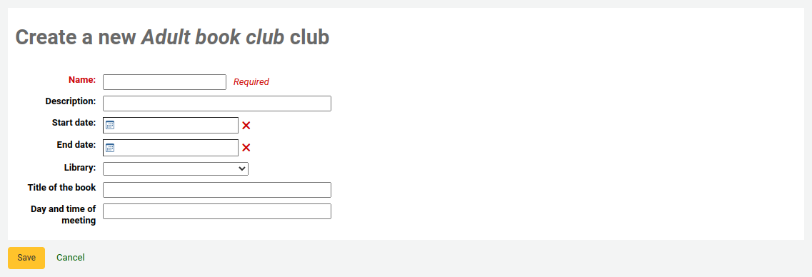 Formular zum Erstellen eines neuen Clubs auf der Grundlage einer Vorlage mit dem Namen „Buchclub für Erwachsene“, das benutzerdefinierte Clubfelder, den Titel des Buches sowie Tag und Uhrzeit des Treffens enthält