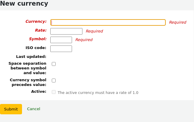 Form to add a new currency