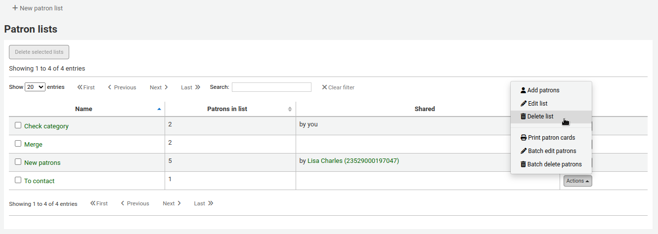 View of the list of patron lists, the Actions button to the right of a list is pressed and the mouse cursor is on the Delete list option