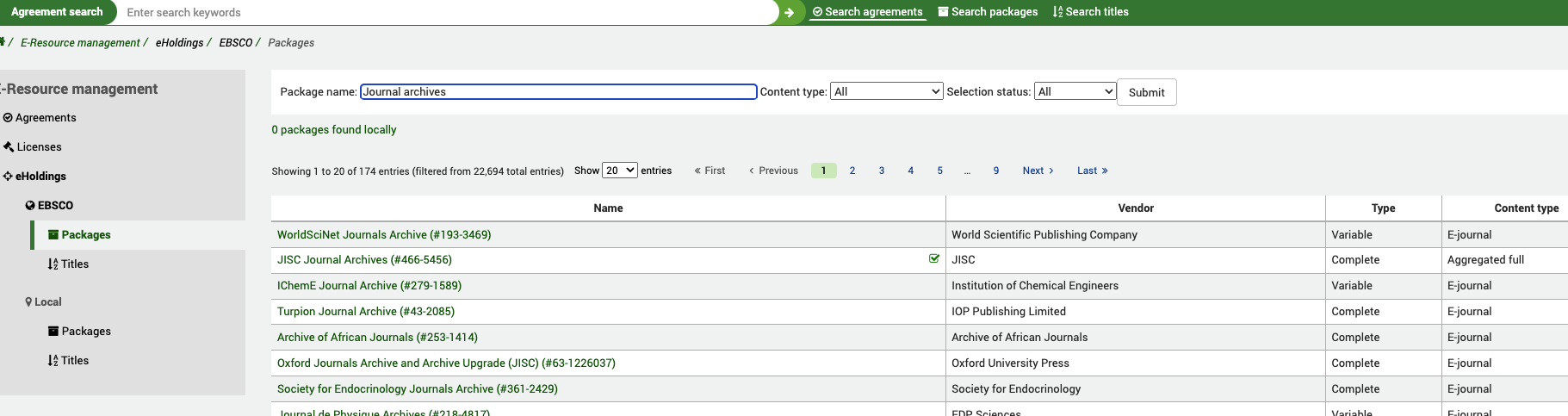 EBSCO Packages page, showing 'Journal archives' in the Package name field of the search box and a list of results underneath.