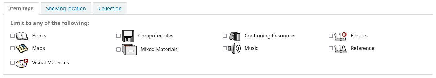 Advanced search tabbed limits for item type, shelving location and collection