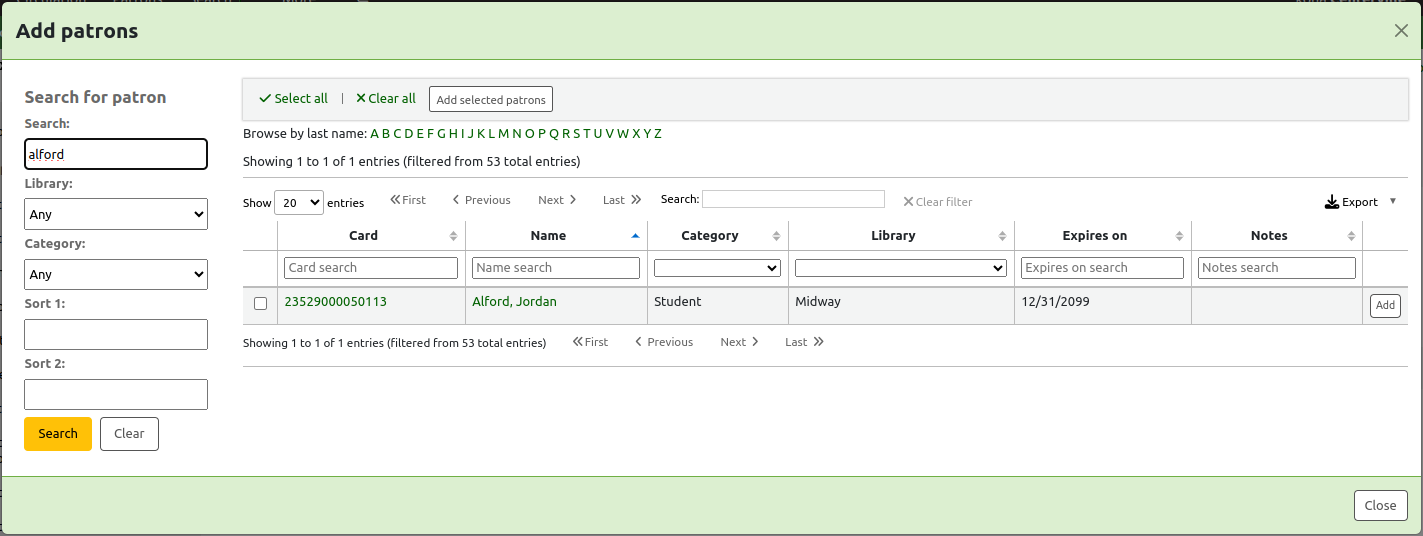 Pop up window for patron search, titled 'Add patrons'. On the left side are search fields: search (text field), library (library dropdown), category (patron category dropdown), sort 1 (text field), sort 2 (text field), with 'Search' and 'Clear' buttons. A search for 'alford' has been done. On the right side are the patron search results showing the card number, name, patron category, library, date of expiry and notes. There is an 'Add' button to add the patron, and a checkbox to select the patron. At the top of the table, there is a button to 'Add selected patrons'. At the bottom of the pop-up, there is a 'Close' button.