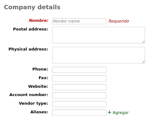 Company details section of the new vendor form