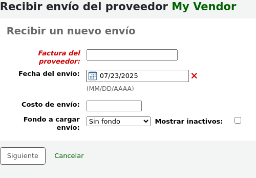 Receive a new shipment form