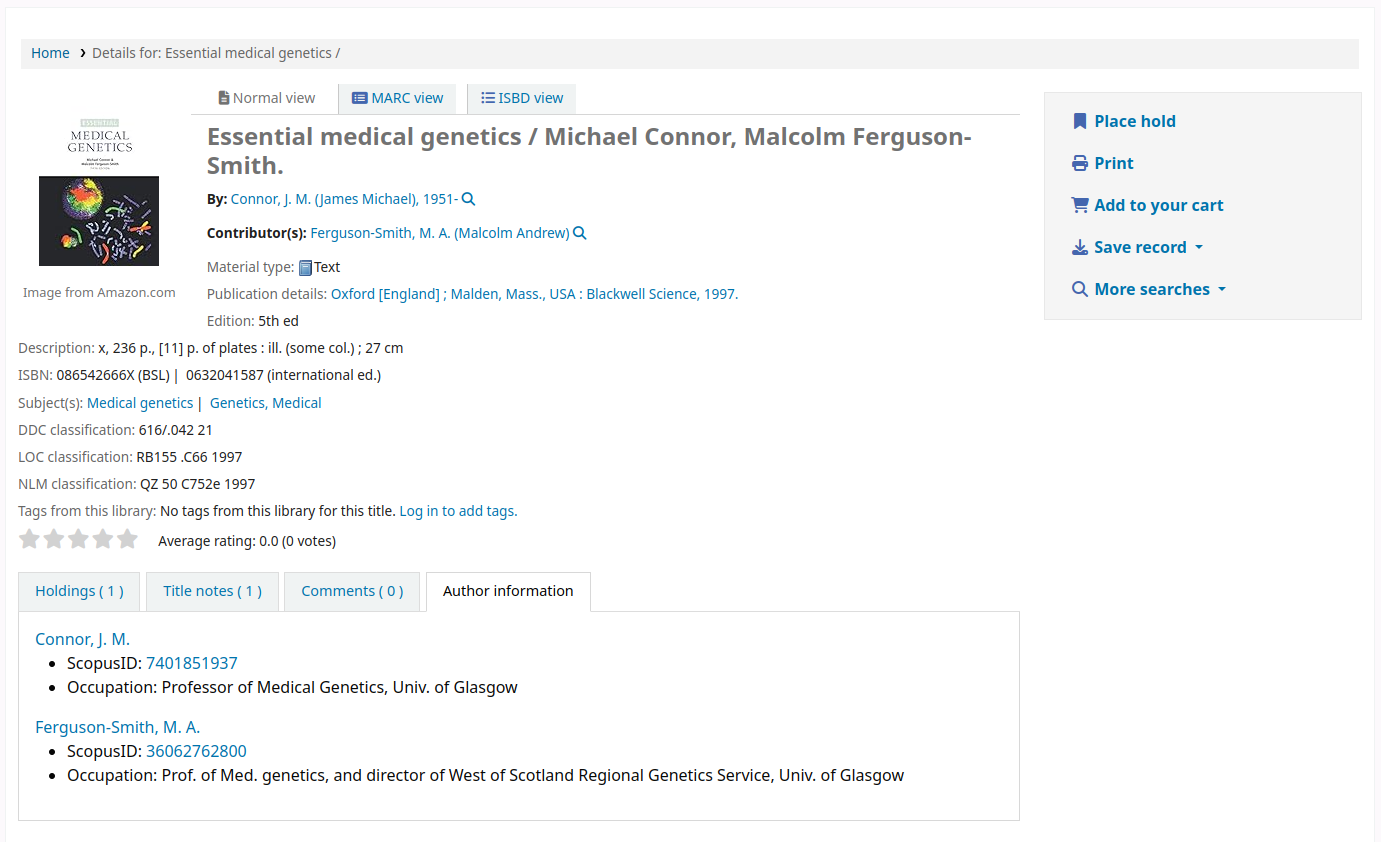 The detailed view of a bibliographic record, the selected tab at the bottom is Author identifiers, both authors are listed with their Scopus ID