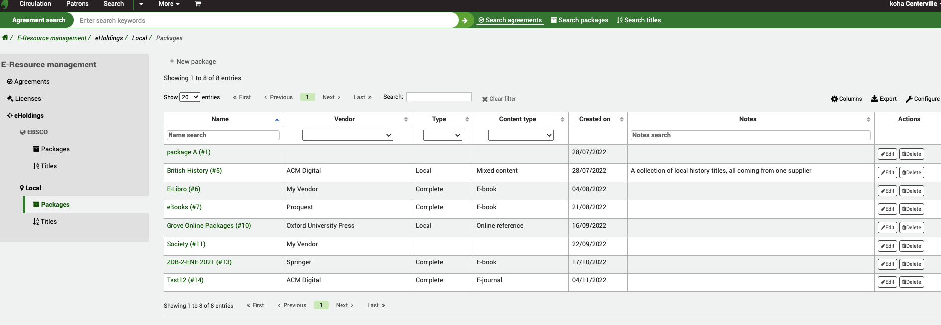 La page des bouquets de ressources électroniques locales, avec une liste de bouquets dans un tableau.