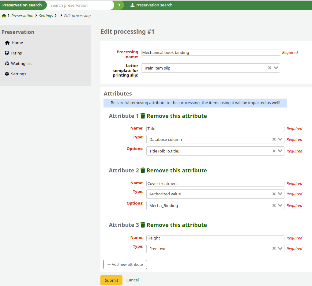 Un formulaire avec lequel vous pouvez définir les processus du module Conservation