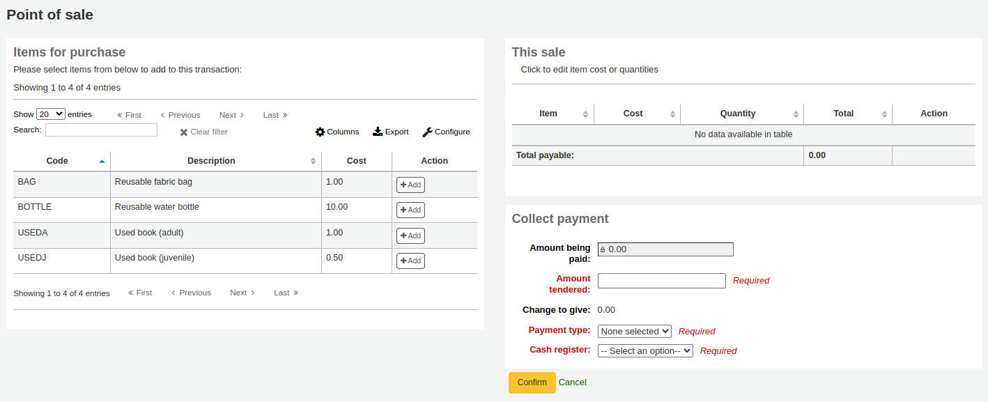 Page Point de vente, sur la gauche il y a une liste d'objets à vendre, sur la droite se trouve une liste d'objets en cours de transaction, suivie d'un formulaire de paiement