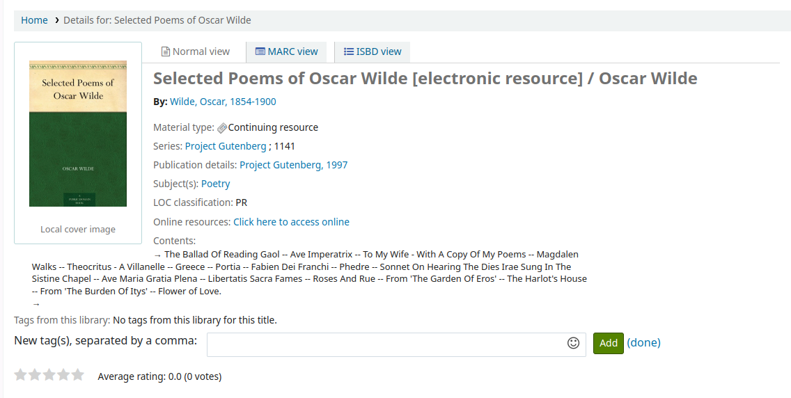 Bibliographic record details page in the OPAC, the 'Add tag(s)' link has been replaced by an input field name 'New tag(s), separated by a comma', inside the input field on the right is a smiling face emoji (emoji picker), followed 'Add' button and a '(done)' link