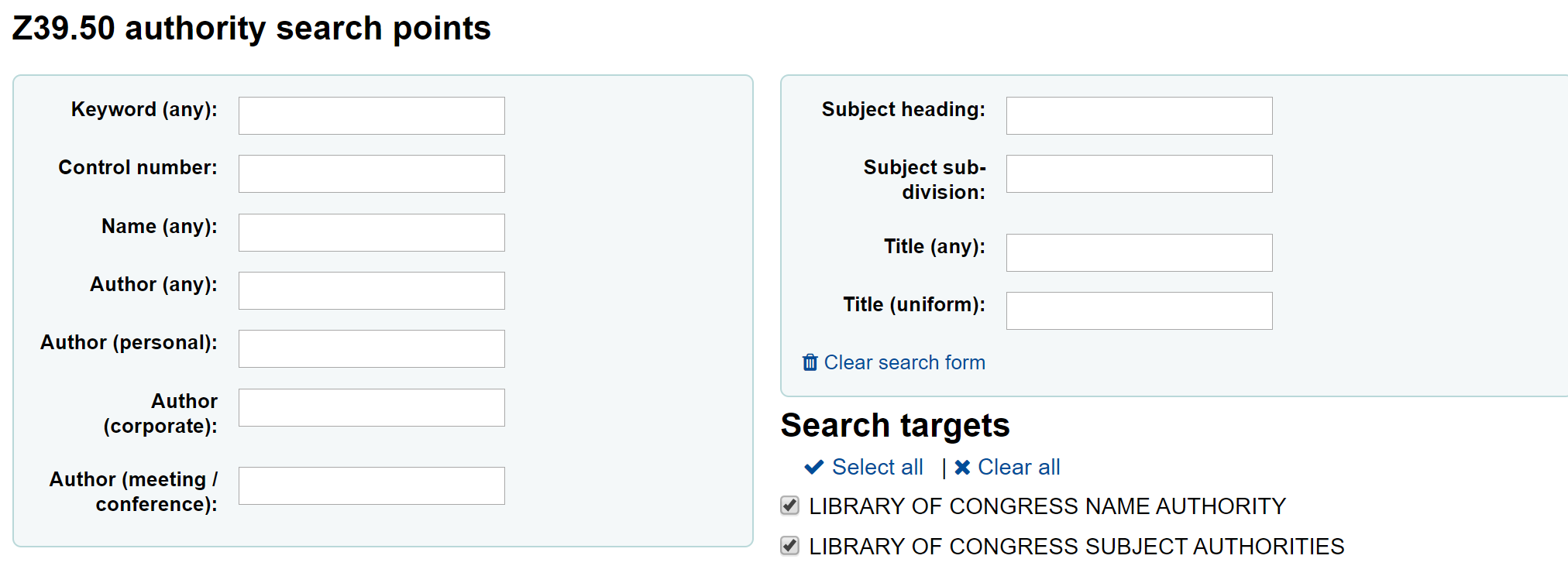 Z39.50/SRU search form for authority records