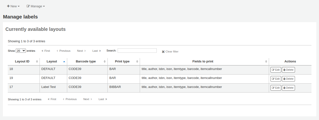 Table of currently available layouts