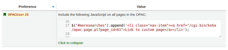 OPACUserJS प्रणाली वरीयता में जावास्क्रिप्ट का उपयोग करने का उदाहरण ओपेक में खोज बार के तहत एक कस्टम पृष्ठ पर एक लिंक जोड़ने के लिए