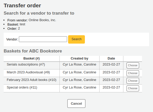 List of baskets to transfer an order to