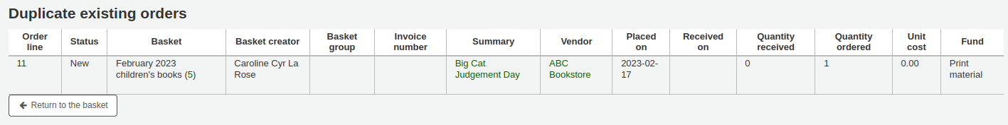 A table with the duplicated order information