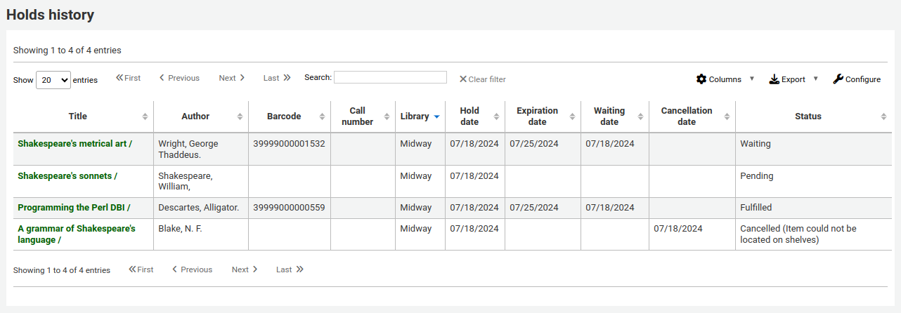 The holds history table in a patron's account