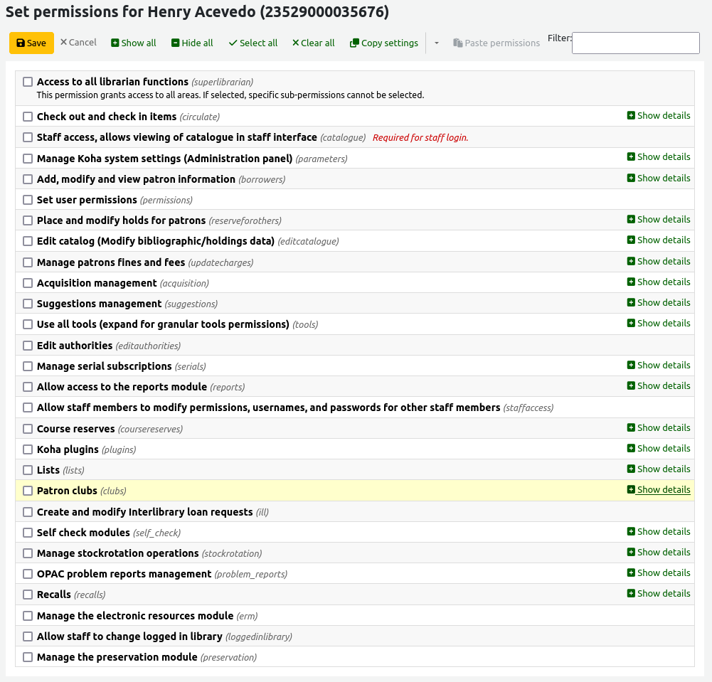 Form showing all patron permissions with none currently selected