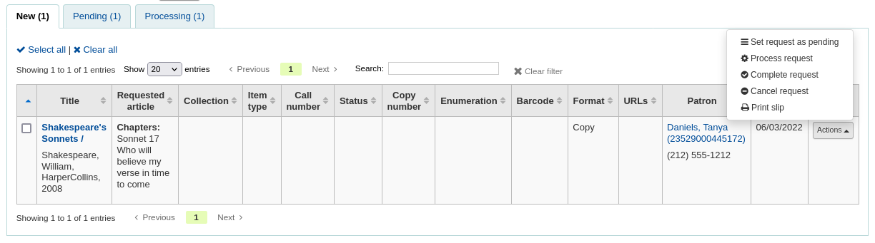 The actions menu next to a new article request has the following options, 'Set request as pending', 'Process request', 'Complete request', 'Cancel request', and 'Print slip'