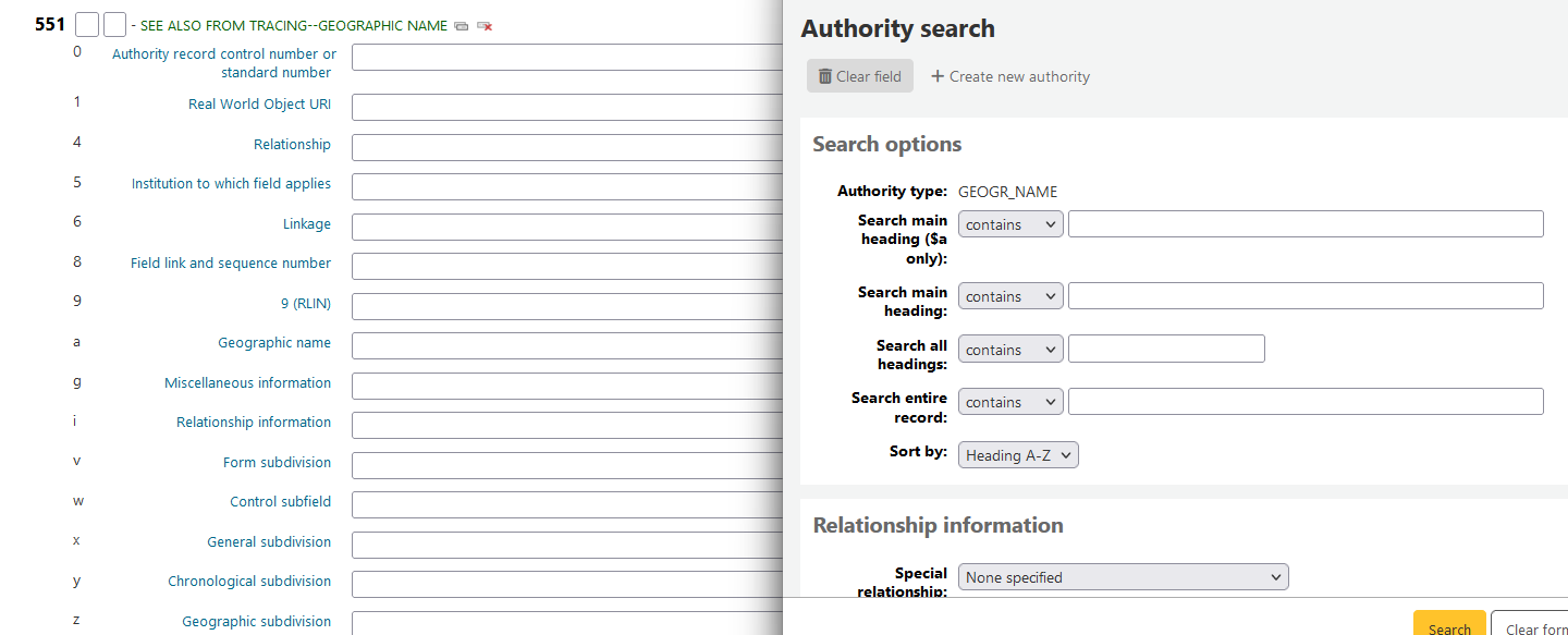 Screenshot of an authority record showing the MARC21 field 551 after opening the authority search by clicking on the tag editor