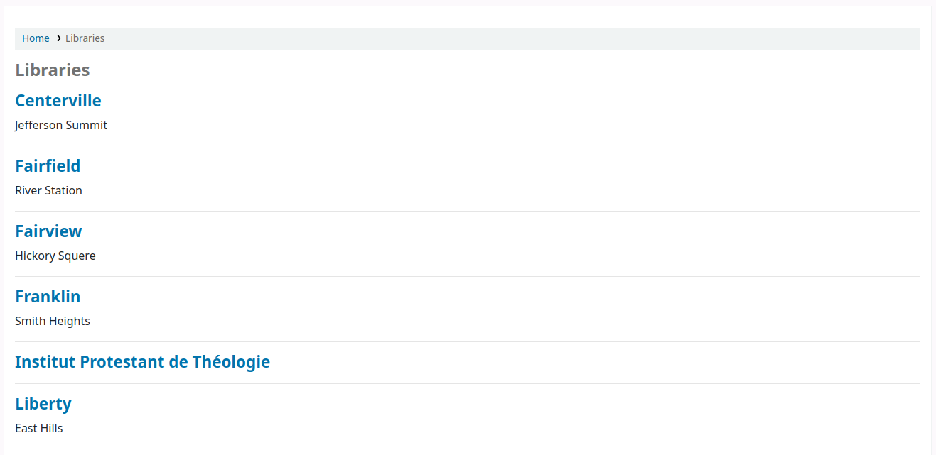 Libraries page in the opac