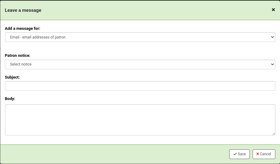 Pop-up modal for 'Add message' with the option 'Add a message for Email - email addresses of patron' chosen