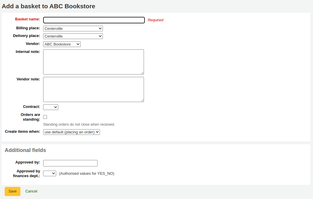 New basket form with additional fields at the bottom