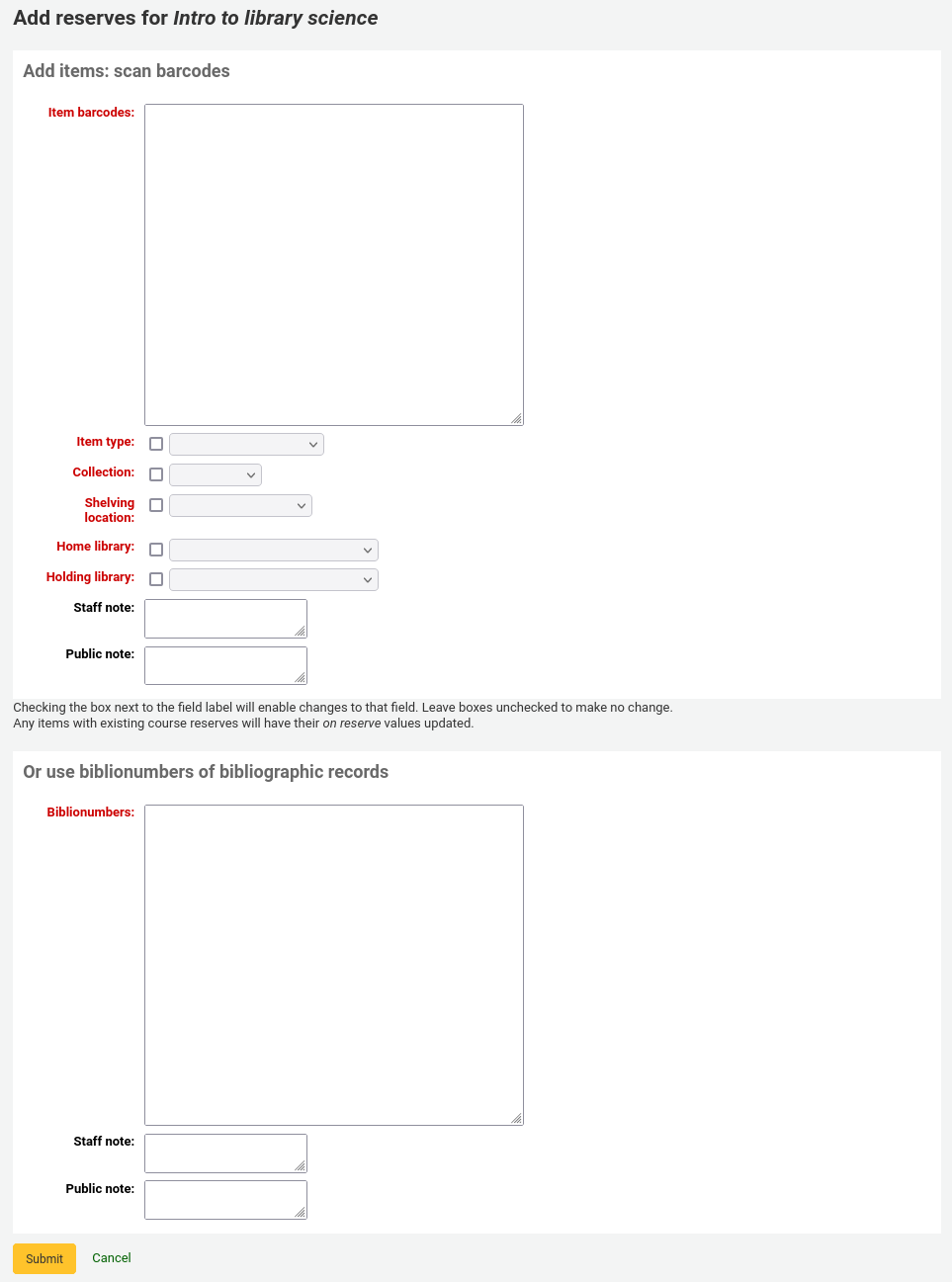 Screen to add several barcodes or biblionumbers to a course reserve