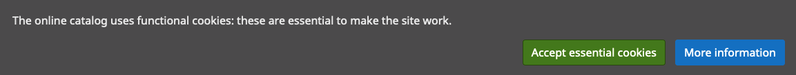 OPAC cookie banner with the text 'The online catalog uses functional cookies: these are essential to make the site work.' and two buttons: 'Accept essential cookies' and 'More information'.