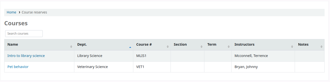 Course reserves page in the OPAC showing the available courses in a table