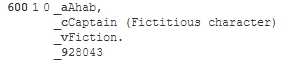 Screenshot of one bibliographic record's linked subject heading for Ahab, Captain, now updated from a 650 Topic field to a 600 Personal Name field