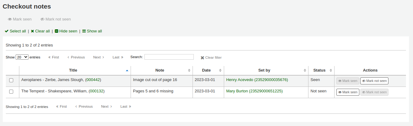 List of checkout notes submitted by patrons, next to each note are action buttons Mark seen and Mark not seen