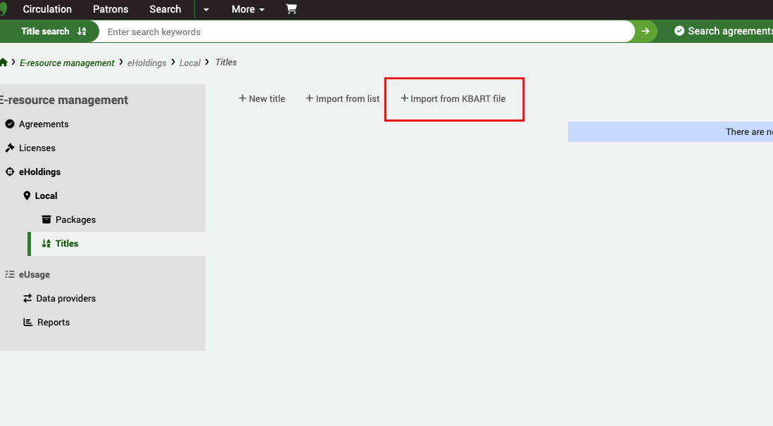 In the eHoldings Local Titles section, the focus is on the 'Import from KBART file' button.