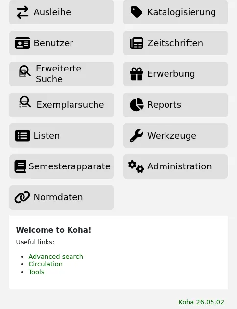 Unter den Modulschaltflächen auf der Startseite der Dienstoberfläche befindet sich ein Textblock mit dem Titel IntranetmainUserBlock und einigen Aufzählungspunkten.
