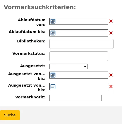 Batch holds modification search form with fields "Expiration date from:", "Expiration date to:", "Libraries:", "Found status:", "Suspended:", "Suspended until from:", "Suspended until to:" and "Hold note:". All fields are empty.