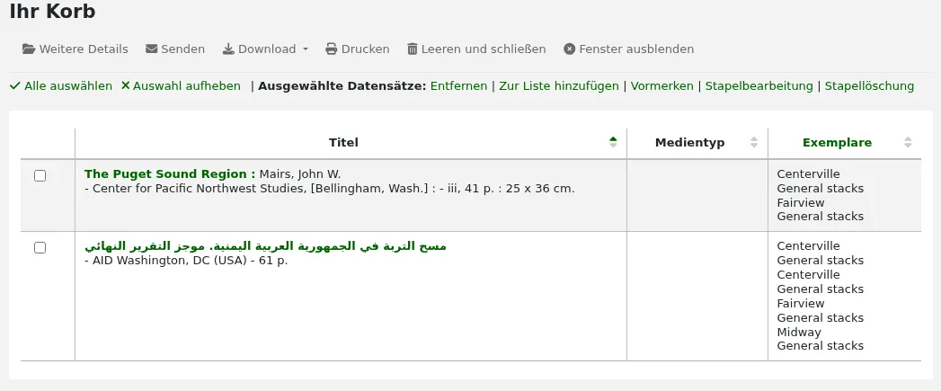 Ansicht von „Ihr Warenkorb“ mit Liste der Titel und Funktionen