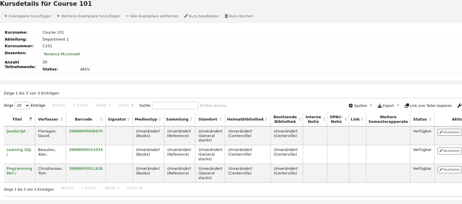Kursdetails mit Angaben zu Semesterapparaten