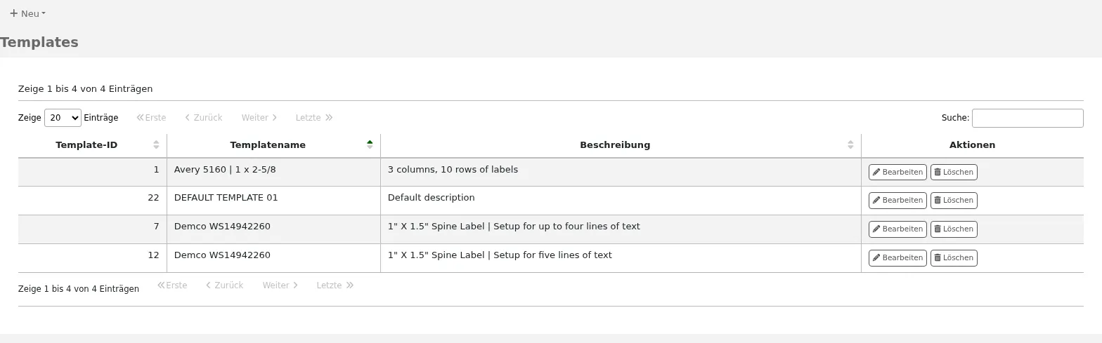 Tabelle der aktuell verfügbaren Templates