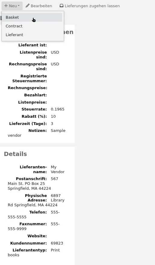 Die Option „Warenkorb“ in der Schaltfläche „Neu“ auf der Seite des Lieferanten
