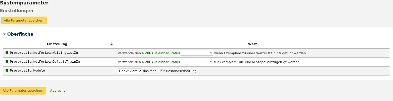 Screenshot der Systemparameter für den Bereich Rechnungen. Die Präferenzen sind in umgekehrter alphabetischer Reihenfolge angeordnet.