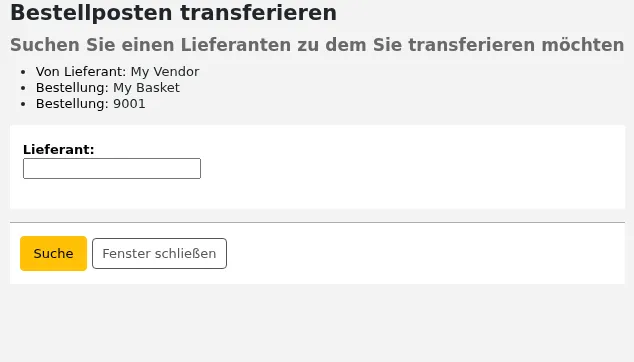 Lieferanten-Suchfeld zum Transfer von Bestellungen