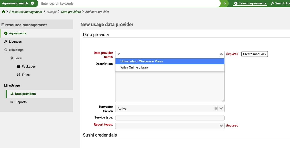 In the Add data provider screen, the Data provider name has 'wi' typed in the search box. A dropdown menu is open underneath, with the options 'University of Wisconsin Press' and 'Wiley Online Library'.