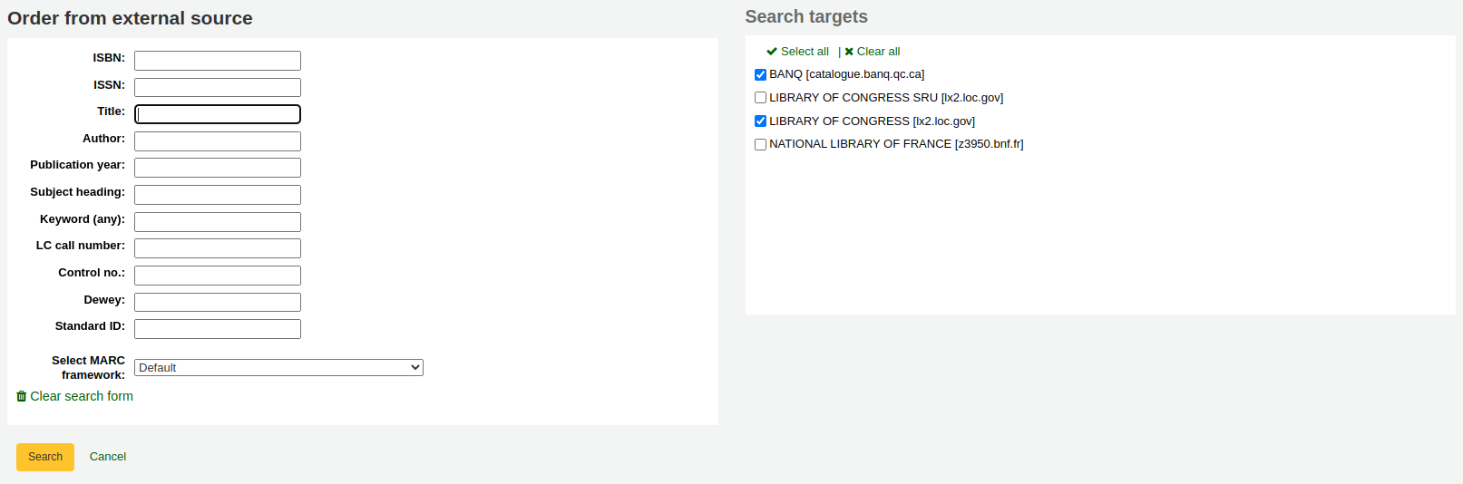 Z39.50 search form to order from an external source
