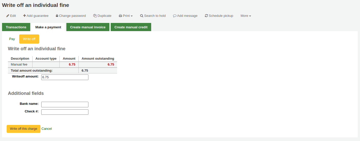 Form to write off an individual charge