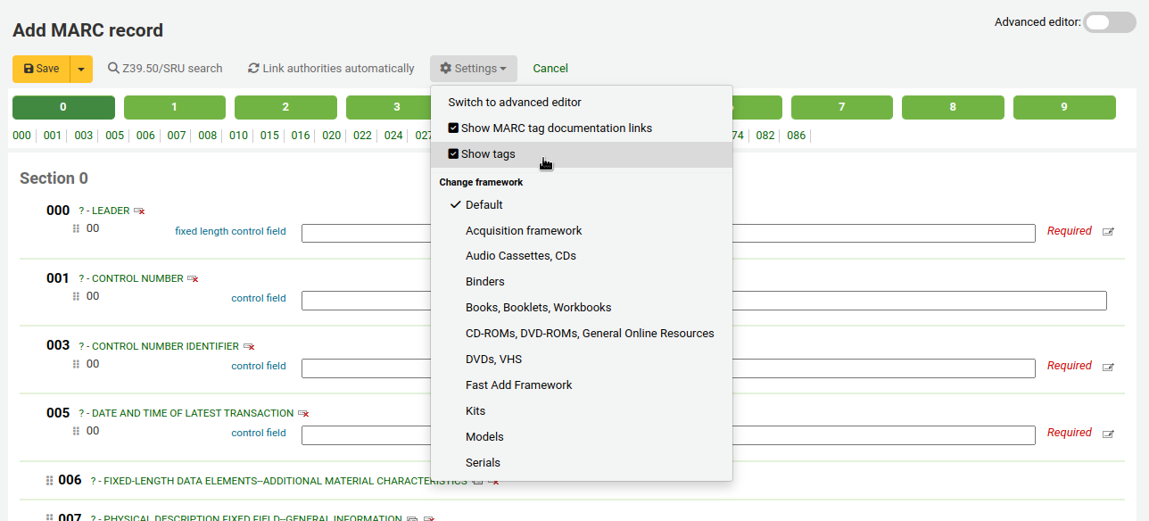 The basic cataloging editor, the Settings button is open and the mouse cursor is on the Show tags option. Other options are Switch to advanced editor, Show MARC tag documentation links, and Change framework with the list of existing frameworks.