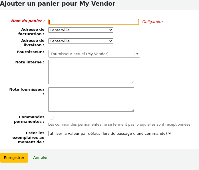 Formulaire de Nouveau panier