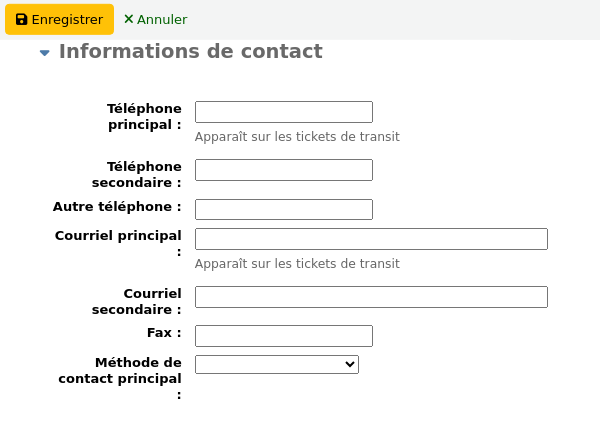 La zone Informations de contact du formulaire d'un nouvel adhérent